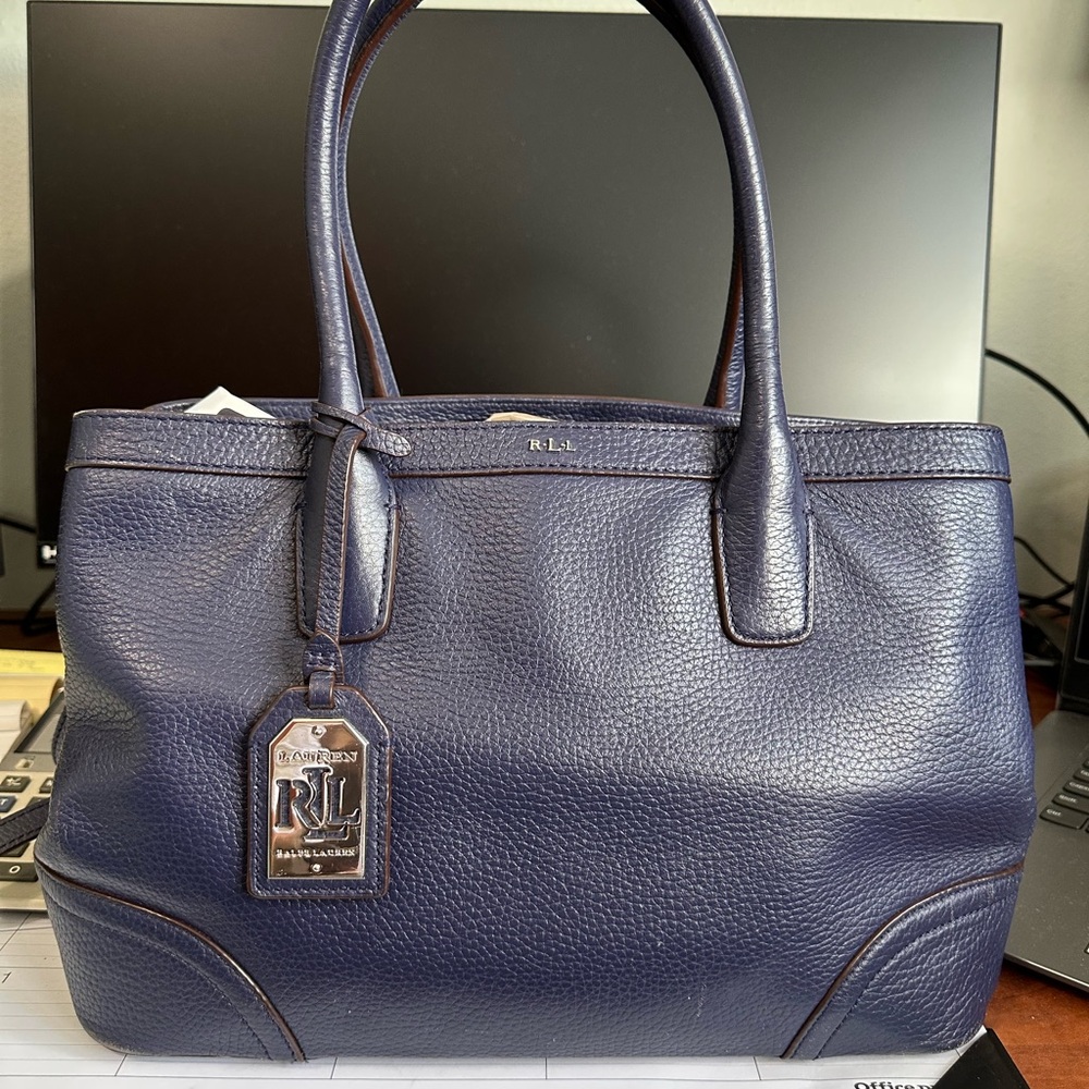 RLL Ralph Lauren Navy Blue Pebbled Leather Tote Bag Fairfield City Shopper Satch